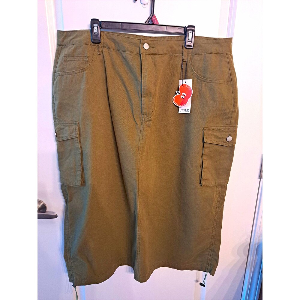 Cider 2XL Khaki Green Cargo Midi Skirt Twill Cotton Pockets Button Closure